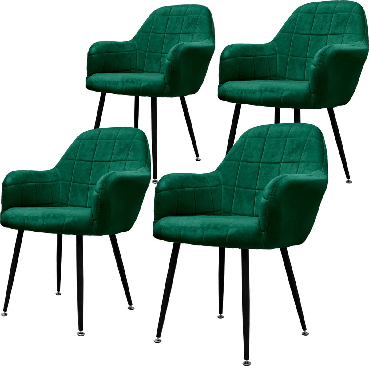 ECD Germany Set van 4 Eetkamerstoelen met Armleuningen, Donkergroen Fluweel, Zwarte Metalen Poten