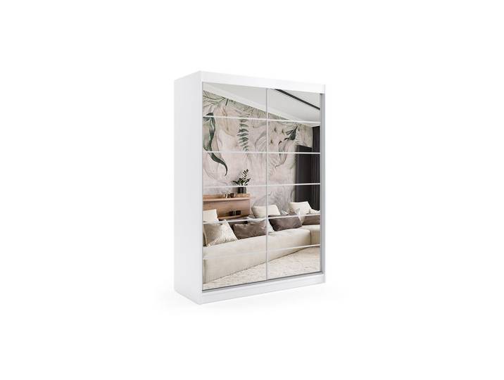 KLEIDERSCHRANK mit Spiegel-Schiebetüren und Aluminium-Leisten - FLORA - 120 cm Weiß