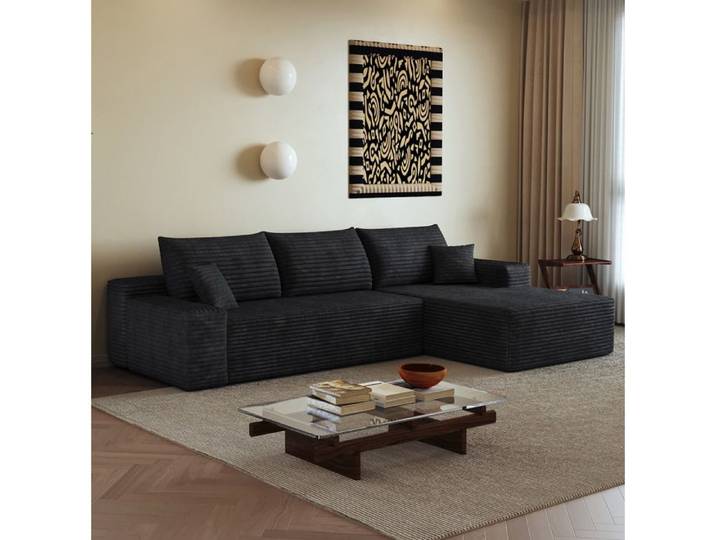 ROVRYN Canapé d'angle compressé modulable 270 cm chaiselongue à droite tissu corduroy noir
