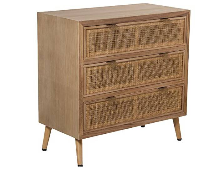 DRW Kommode mit 3 Schubladen aus MDF und Rattan in Natur, 80 x 40 x 80 cm, Höhe 16 cm