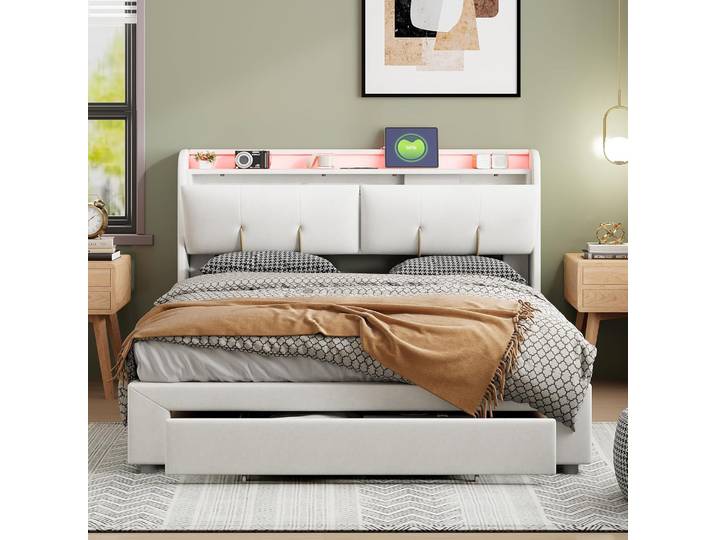 Lit rembourré Anajqaqia 160x200cm, lit double hydraulique avec tête de lit, lit adulte avec USB et éclairage LED, velours, beige