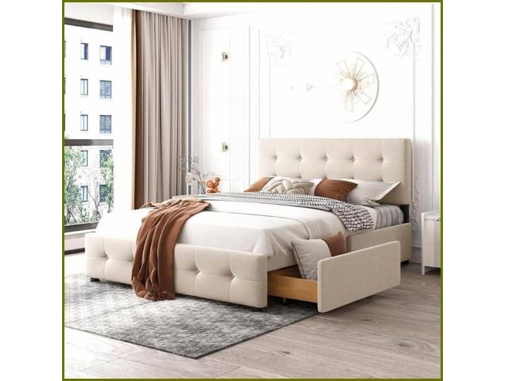Lit Capitonné Double 140x200 cm - Tiroirs + Sommier + Dossier - Velours Beige