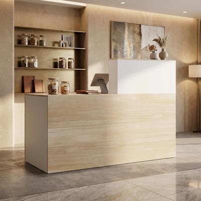 FUFU&GAGA Modern Reception Desk with Storage Cabinet & Locking Drawer, 55.1” Front Counter Desk, White & Wood Grain Retail Counter