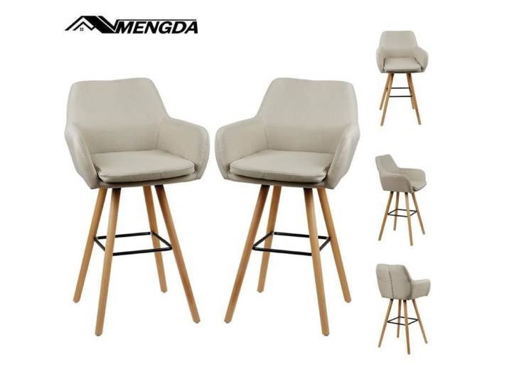 Tabouret de bar en bois massif - MENGDA - Lot de 2 - Tissu - Beige