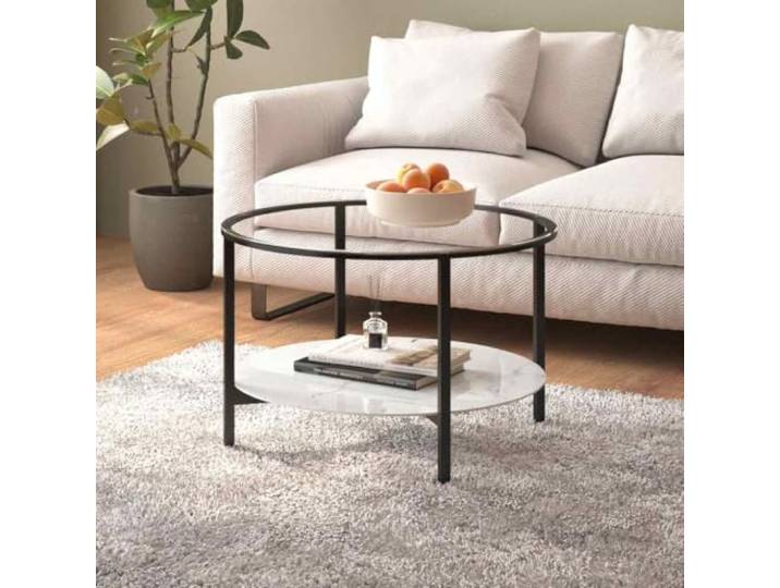 Runder Beistelltisch 70 cm, Hartglas, Marmor-Optik Schwarz Weiß, mit Ablage Hartglas, pulverbeschichtetes Eisen, untere Ablage, vielseitig nutzbar, minimalistischer Look