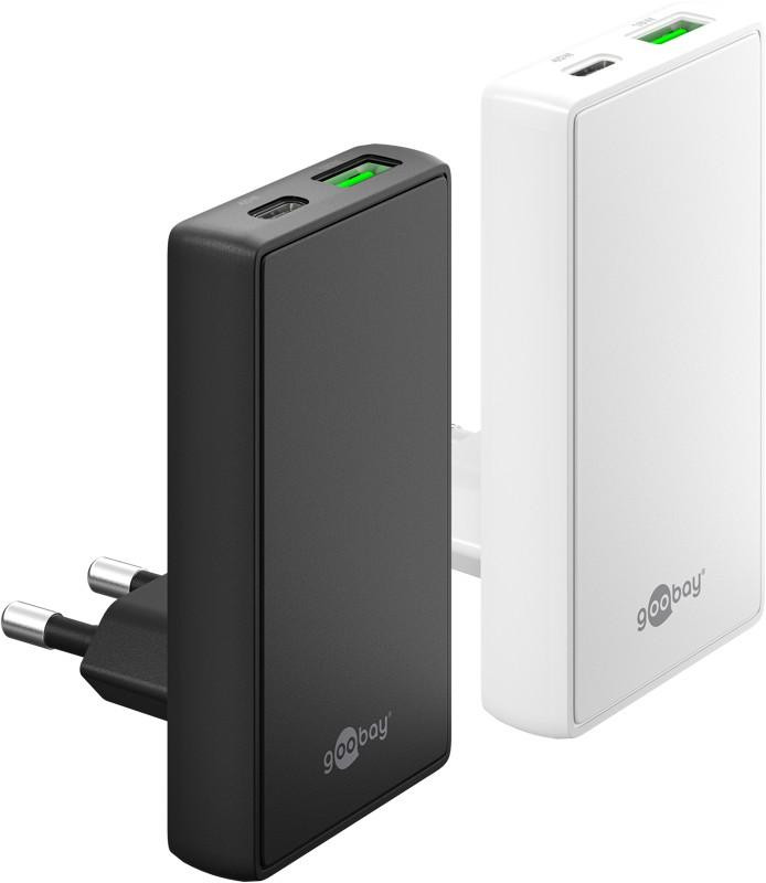 Goobay 75720 Multi Fast Charger USB-C PD GaN Dubbele Snellader 45 W Wit met 1x USB-C en 1x USB-A 90 graden Plat Ontwerp