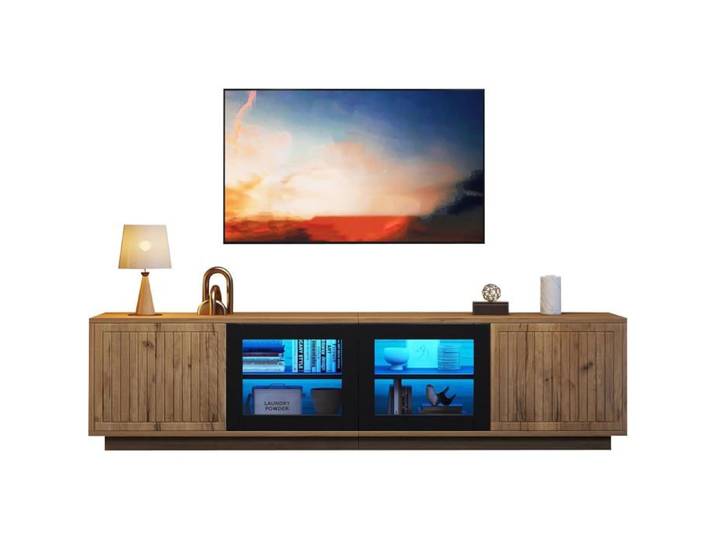 Meuble TV de 180 cm avec éclairage LED – Meuble bas pour TV jusqu'à 75 pouces meuble TV autoportant 2 armoires 3 étagères