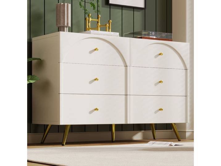 Commode 6 tiroirs pieds métalliques dorés et pied central réglable pour chambre crème-blanc 120 × 40 × 85 cm - UVRION