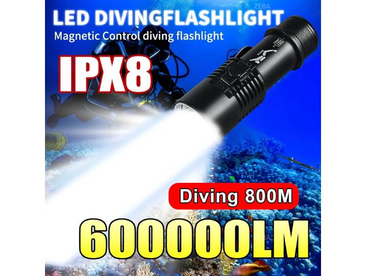 Lampe de plongée LED XHP199 600000LM, torche de plongée sous-marine, étanche IPX8, lanterne de plongée professionnelle puissante 26650