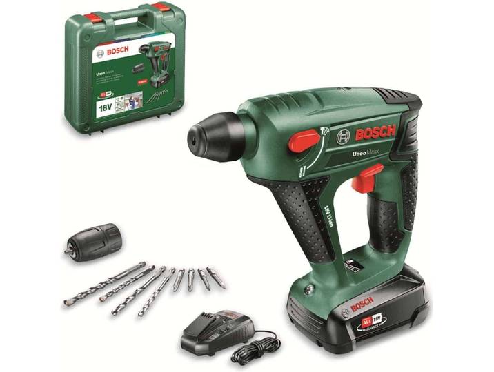 Perceuse à percussion sans fil Bosch Uneo Maxx SDS 18 V 0\,6 J. 1 batterie 2\,5 Ah. 1 chargeur AL1830CV. Coffret. Accessoires (forets\, mèches).