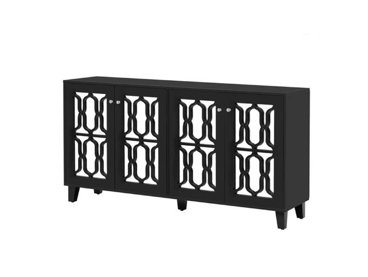 VLIVRA Buffet élégant 4 portes avec étagères réglables - façades miroir brillant - meuble de salon en mdf noir 160×40×84 cm