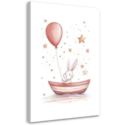 LEINWANDBILD Kaninchen in einem Boot mit einem Boho-Ballon 60x90cm
