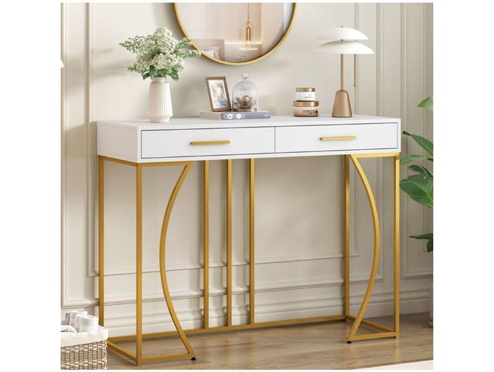 Table Console D Entrée 2 Tiroirs Blanc Et Or Structure En Métal Plateau En MDF Pieds Réglables 110 X 32 X 85 Cm