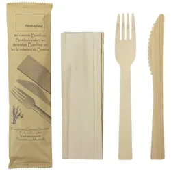 MONOUSO - Bambus Besteckset Gabel, Messer und Serviette 17cm (24 Stück)