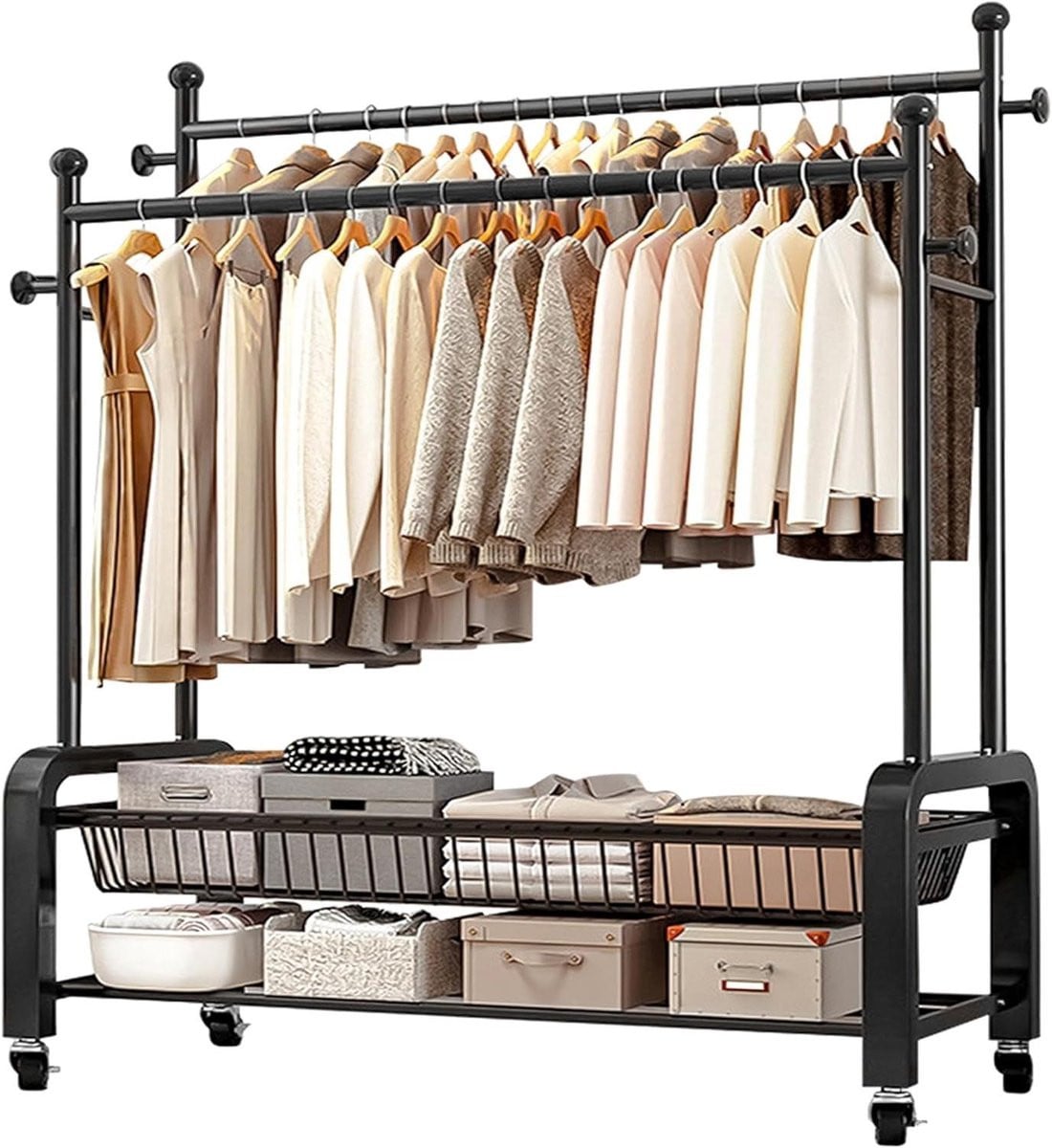 Zwart kledingrek op wielen met dubbellaagse opslag, B: 120 cm, H: 165 cm