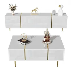 OKWISH Wohnzimmermöbel-Set aus MDF in Weiß, Hochglanz, TV-Schrank 170x35x46 cm und Couchtisch 100x60x41,5 cm, Soft-Close