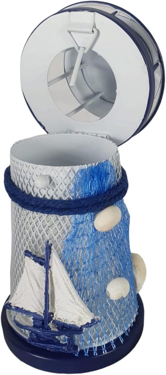 Vuurtoren theelichthouder met schip detail - Blauw wit - Hoogte: 14 cm