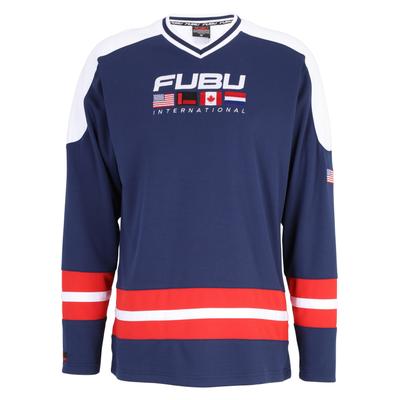 Longsleeve FUBU "Fubu FBMQ22004NVY Fubu Corporate Hockey Jersey", Herren, Gr. M, blau (navy, weiß), 100% Polyester, bedruckt, normal, V-Ausschnitt, Shirts