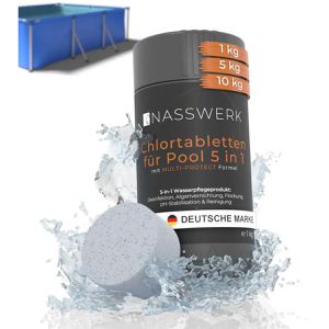 NASSWERK Chlor organisch, langsamlösliche 5in1 Multitabs, für Pools, 90 % Chlorgehalt, 5 x 200 g, Dose 1 kg