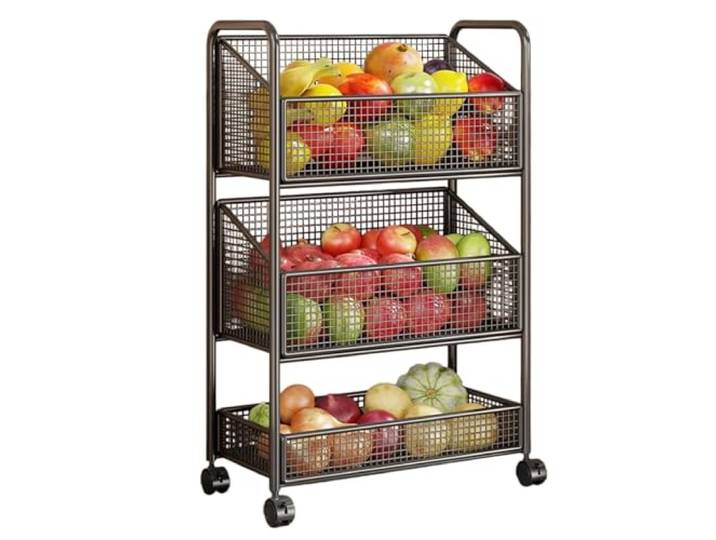 Kx9Lb8d Rollwagen 3-stufiger rollender Küchenwagen, bewegliches Gemüse- und Obstkorb-Aufbewahrungsregal(Schwarz)