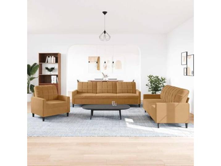 YUTAASU 3-TLG. Sofagarnitur Samt Braun mit Kissen Metallgestell, Dick gepolstert, Modernes Design, Gemütlich für Wohnzimmer