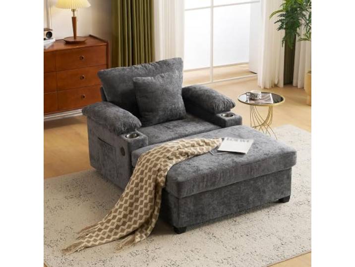 RAPRAP Sofa Sessel mit Hocker, atmungsaktiver Stoff, USB-Ladung Liegesessel mit Getränkehalter, 90°-Neigung, Schlaffunktion, Aufbewahrung, Ergonomisch, für Wohnzimmer und Büro