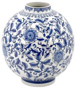 Galt International "12"" Ceramic Globe Chinoiserie Vase Flowers Blue"