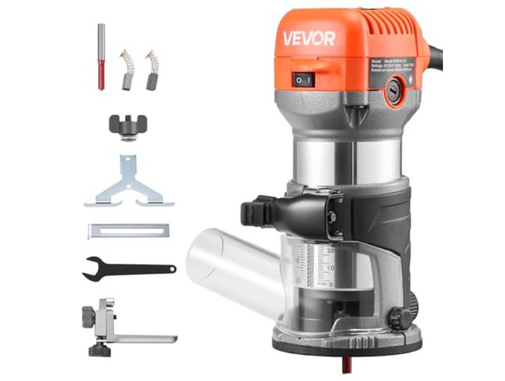 VEVOR Affleureuse 710 W Défonceuse Compacte 6 Vitesses Variables pour Travail du Bois\, Finition\, Bricolage\, avec Démarrage Progressif\, Base Fixe\, Capot d'Aspiration Poussière\, Guide Parallèle\, Filaire