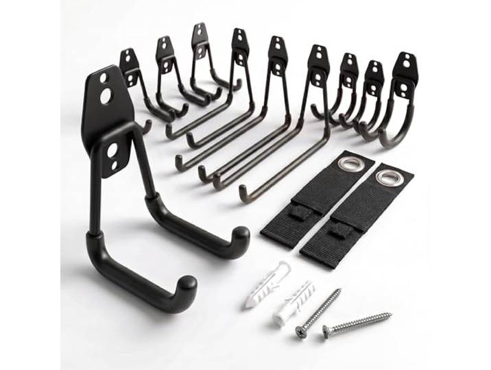 Relaxdays Lot de 12 crochets muraux\, porte-outils garage/jardin\, noir gaine PVC antidérapante\, sangles\, inox