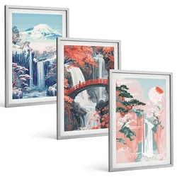 BILDER SET 3er Set - 40x60 cm Silberner Rahmen - Wasserfälle, Berge, Brücken, Bäume
