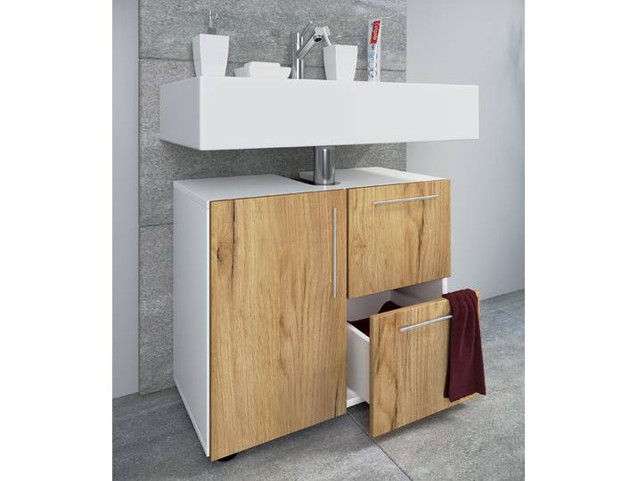Waschbeckenunterschrank Flandu 2 Schübe 61 x 51 x 32cm Weiß/Weiß/Eiche Dekor