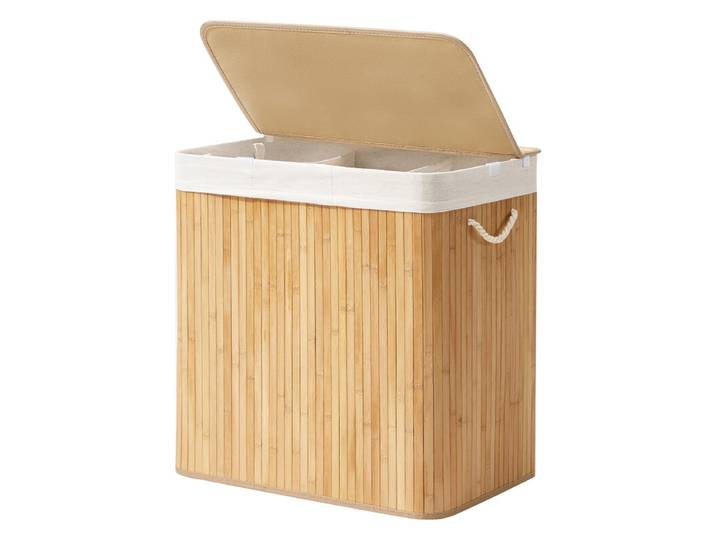 JOYFURNOS Grand Panier à Linge en Bambou, Panier à Linge Pliable à 3 Compartiments avec Couvercle, Sac Intérieur Amovible, Naturel