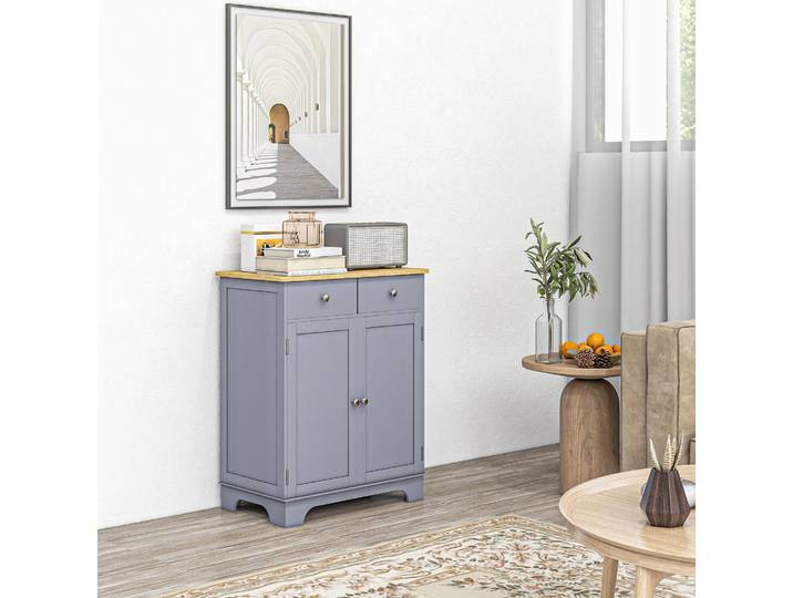 HOMCOM Buffet Salon 2 Tiroirs Étagères Réglables Gris Bois