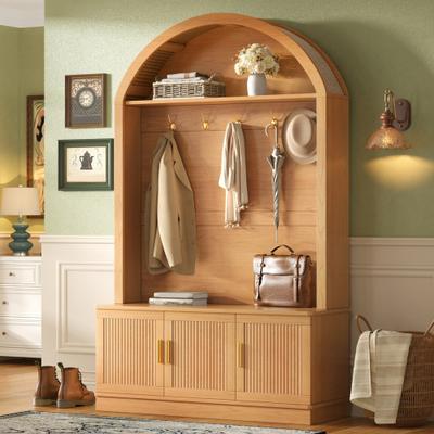 Kodotan sofa Farmhouse Fabric Arched Top Hall Tree with 5 Metal Hooks, All-in-One Mudroom Furniture with Adjustable Shelves