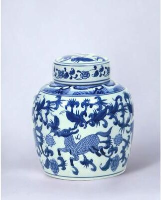 Orchard Creek Designs "9"" Porcelain Ginger Jar with Chinoiserie Deer Design"