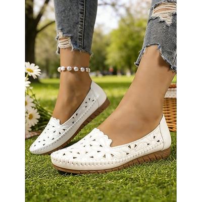 Weiße, atmungsaktive Damen-Loafer mit Cut-outs, floraler Stickerei, weicher, gepolsterter Innensohle – elegante und bequeme Mokassins für unterwegs, perfekt zum Spazierengehen, Reisen, Picknicken und