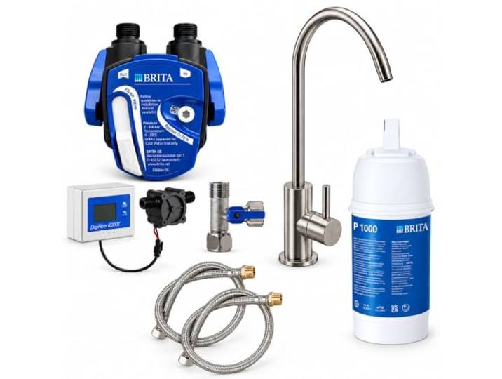 AORA Untertisch-Wasserfilter-System mit 1-Weg-Wasserhahn kompatibel mit BRITA Filter P1000 & Filterkopf reduziert Kalk & verbessert Geschmack SOFIA Edelstahl gebürstet ohne Digiflow