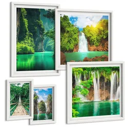 BILDER SET 5er Set - 50x50 cm & 20x30 cm & 40x60 cm Weißer Rahmen - See, Berge, Boote, Ferienhaus