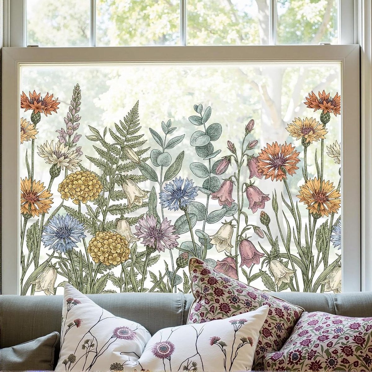 Botanische decoratieve raamfolie voor glas met statische hechting, 44 x 200 cm, kleurrijk