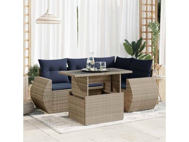 KTHLBRH Gartenmöbel-Set aus Polyrattan, 5-teilig, Grau Modular mit Aufbewahrungsbox, marineblaue Kissen, Glastisch, für Terrasse und Terrasse