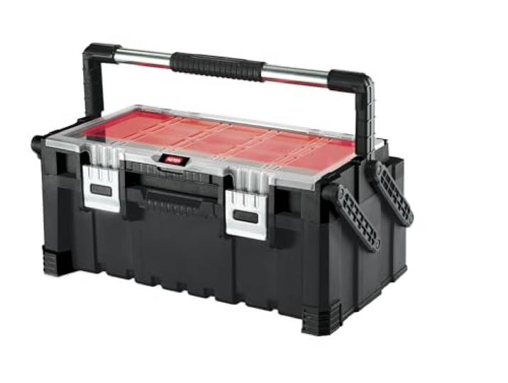 KETER – Cantilever Combo 22 - Boîte à Outils - Grande Caisse à Outils 2 Niveaux pour Ranger vos Outils - Support 2 Pieds - 11 Compartiments Amovibles - Loquets Métal – Noir/Rouge