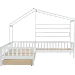 Merax Massivholz L-Struktur Hausbett für Erwachsene 90x200cm+70x140cm, Weiß