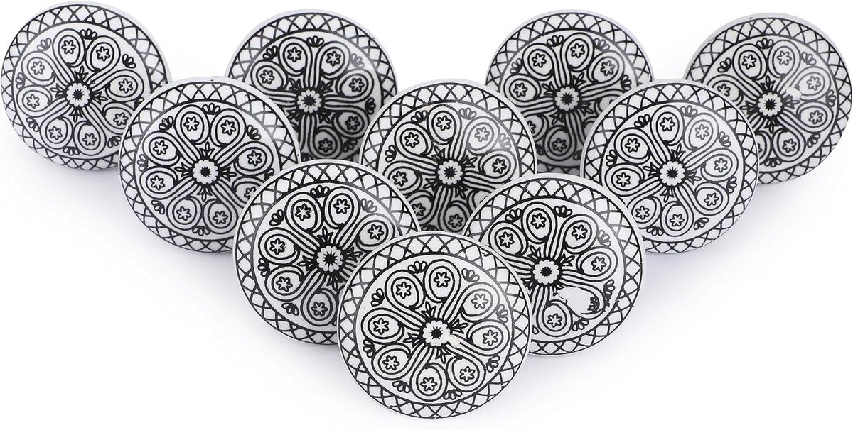 SnelShoppen 10x Keramische Knoppen Vintage Handgrepen - Wit Zwart Aardewerk Meubelaccessoires