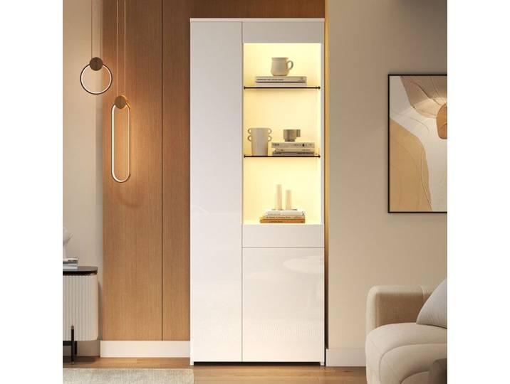 Vitrine avec tiroirs haute brillance vitrine en verre avec éclairage LED Highboard vitrine sur pied stockage de cloison 70x35x180cm