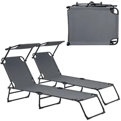 2er Set Sonnenliege Lomeda mit Sonnendach 187x53x27cm Dunkelgrau [casa.pro]