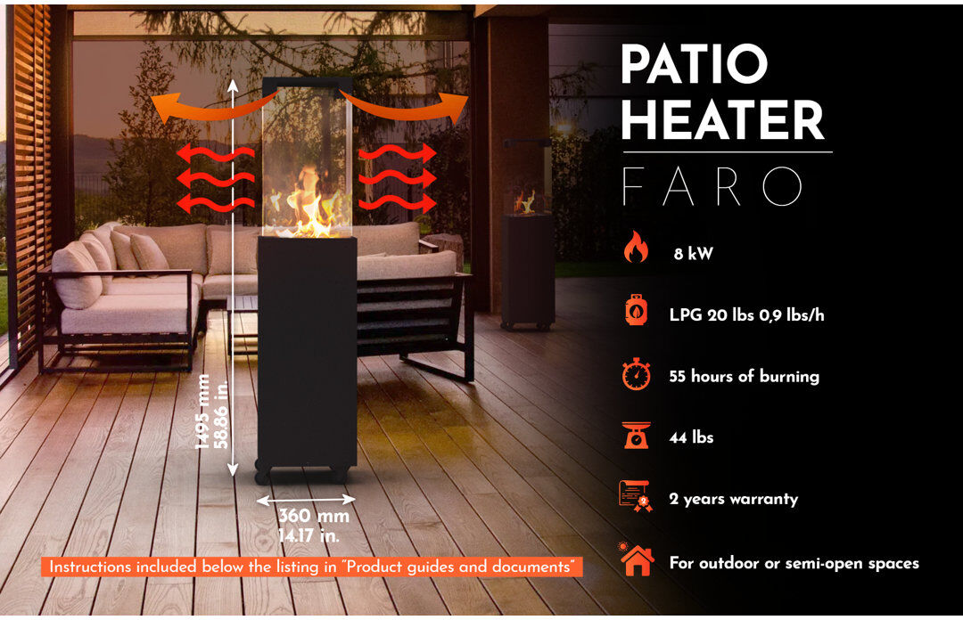 Planika Faro - Portable Patio Heater - 8 KW Gas Propane Fireplace Outdoor, Garden (Black + Cover) Black 150cm H X 36cm W X 36cm D