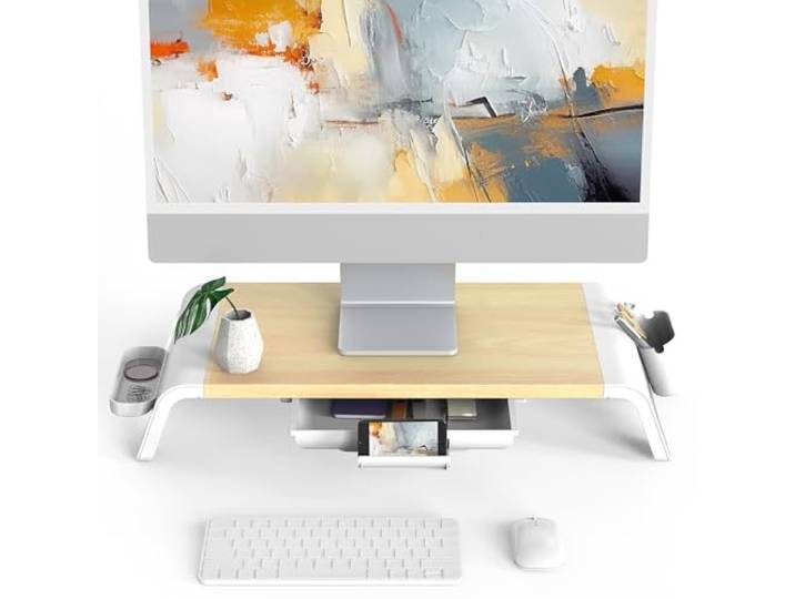 Fenge Houten Monitorstandaard PC Laptop Computer Schermstandaard met Lade,Monitor Printerverhoger voor Bureaus met Telefoonhouder - Max. Belasting 25 kg 52x23,5x8,9cm Eiken