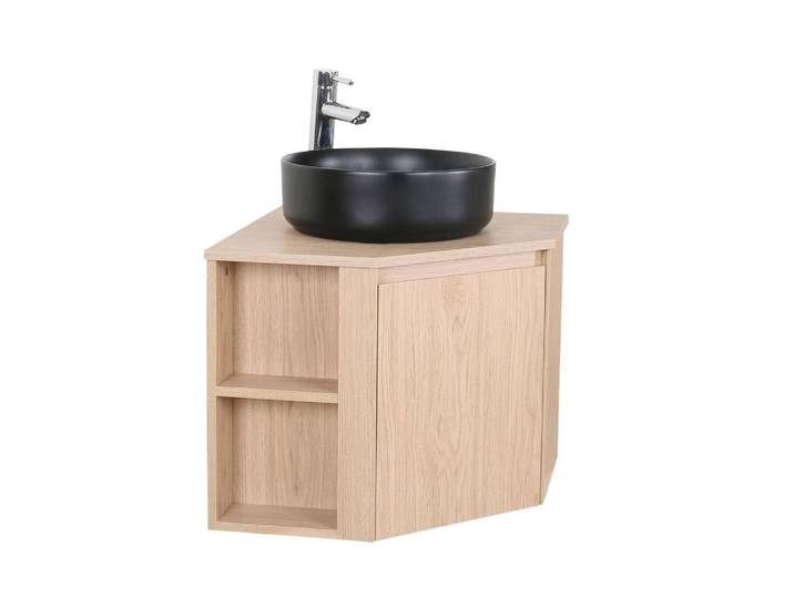 Ensemble meuble sous vasque d'angle + vasque noire + robinet