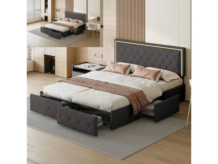 Lit double 140x200 cm - DANS LES NUAGES - Gris - Avec LED - 4 tiroirs - Sommier à lattes