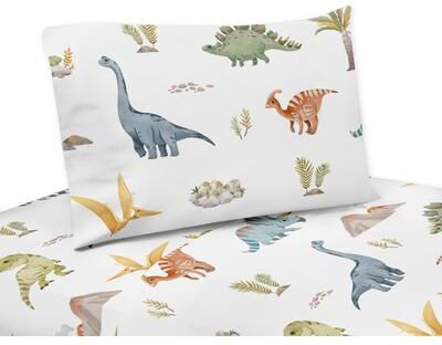 Sweet Jojo Designs Watercolor Dinosaur Dino Boy 4-piece Queen Sheet Set -Blue & Green, Modern Dinosaurs, Jurassic, Nature Trex